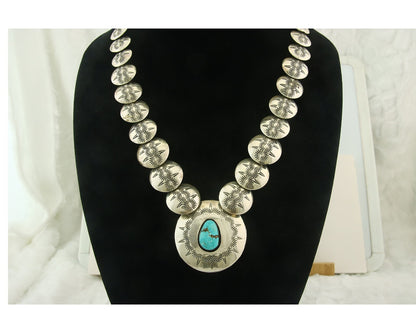 Vintage Navajo Bead Necklace 925 Siilver Turquoise Hand Stamped Native Artist