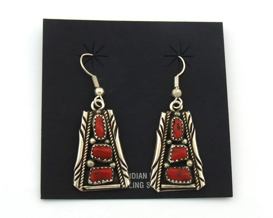 Navajo Dangle Earrings Sterling Silver Handmade Vintage Natural Coral