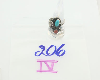Navajo Ring 925 Sterling Natural Coral & Turquoise Signed EH C.80's Size 7.5