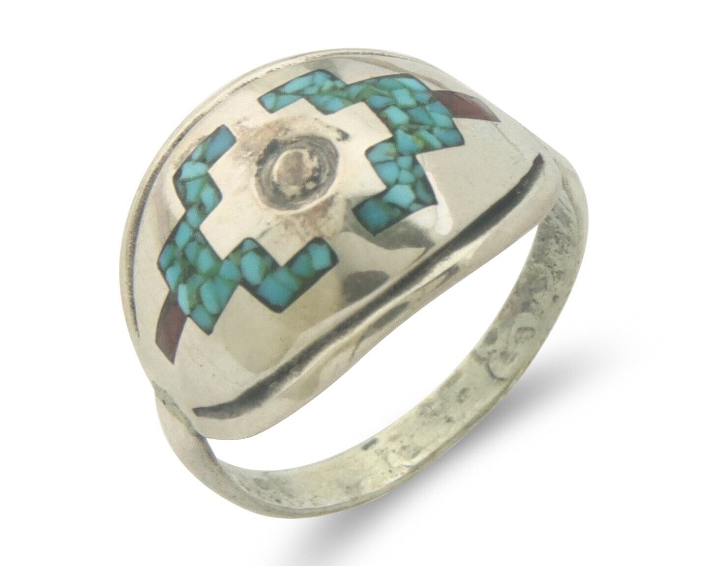 Navajo Ring 925 Sterling Natural Chip Inlay Coral & Turquoise C.80's Sz 8.0