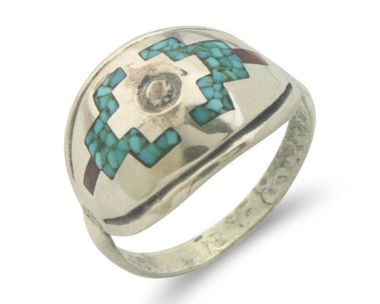 Navajo Ring 925 Sterling Natural Chip Inlay Coral & Turquoise C.80's Sz 8.0