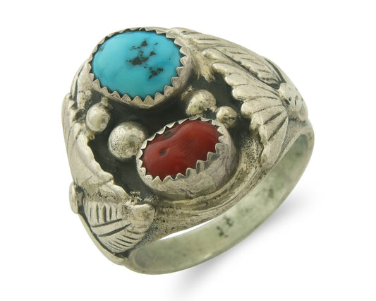 Men Vintage Navajo Ring 925 Sterling Turquoise & Coral Native Artist Size 12.5