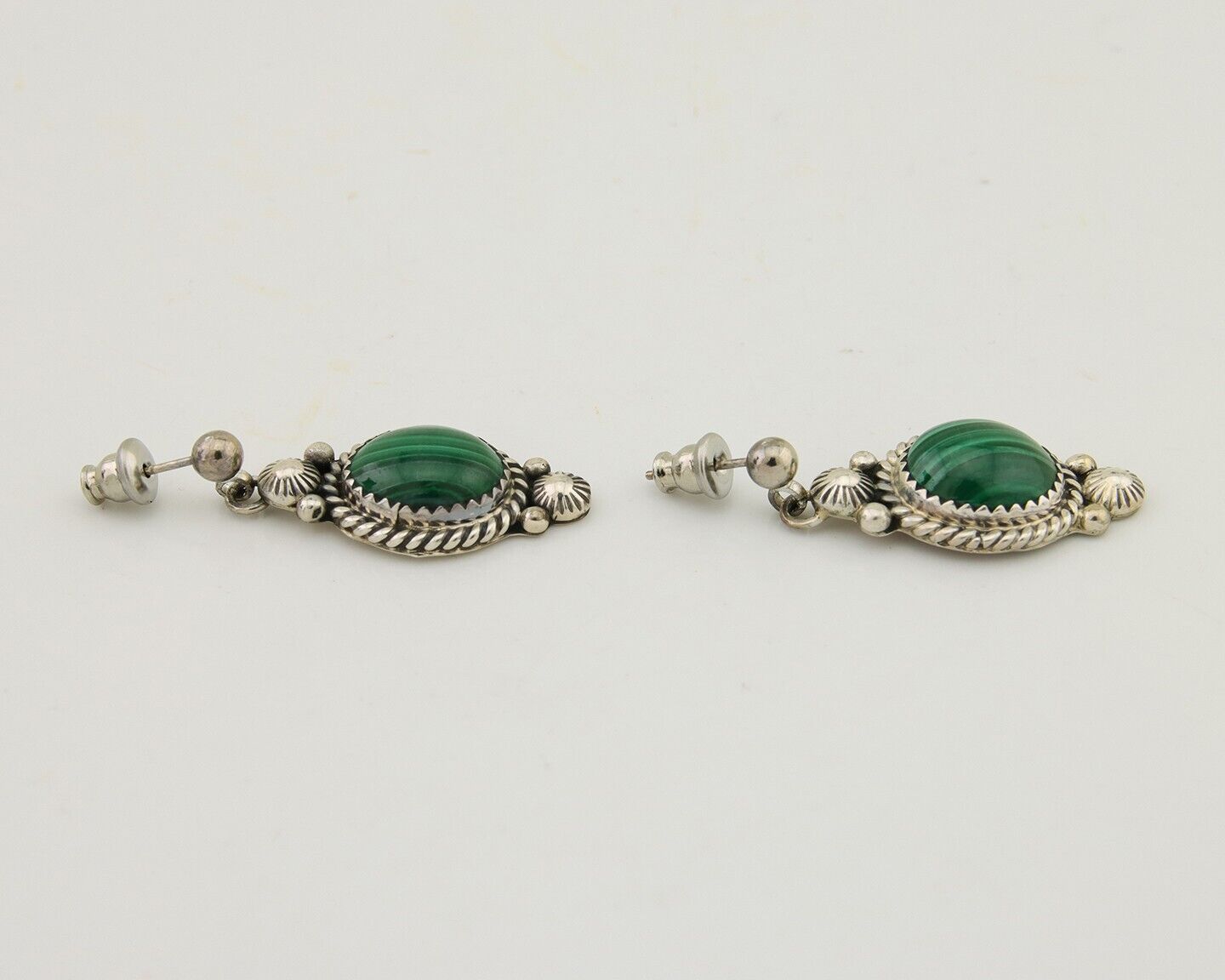 Navajo Dangle Earrings 925 Silver Malachite Native American Artist C.80's