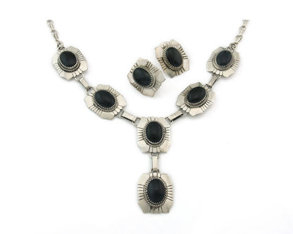 Navajo Necklace Earring Set Sterling Silver Onyx Vintage Signed Begay