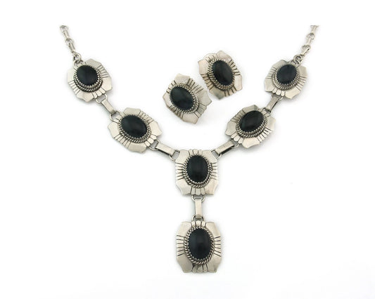 Navajo Necklace Earring Set Sterling Silver Onyx Vintage Signed Begay