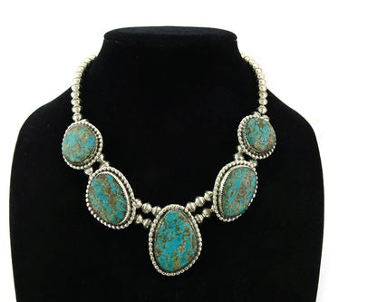 Navajo Squash Necklace Sterling Silver Nalural Kingman Turquoise Signed JR