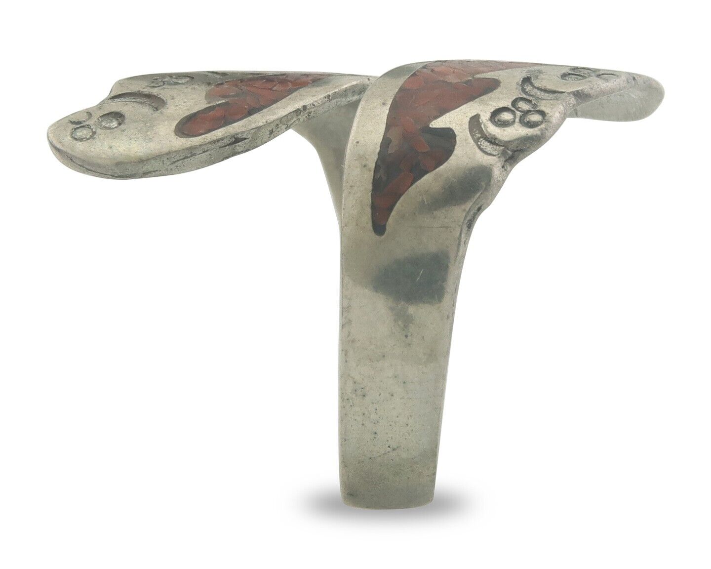 Navajo Ring 925 Silver Inlaid Natural Coral Native Artist C.80's Size 8.0