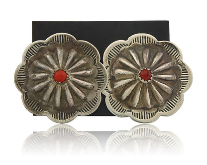 Navajo Concho Earrings 925 Silver Natural Coral Native American Artist C.80's