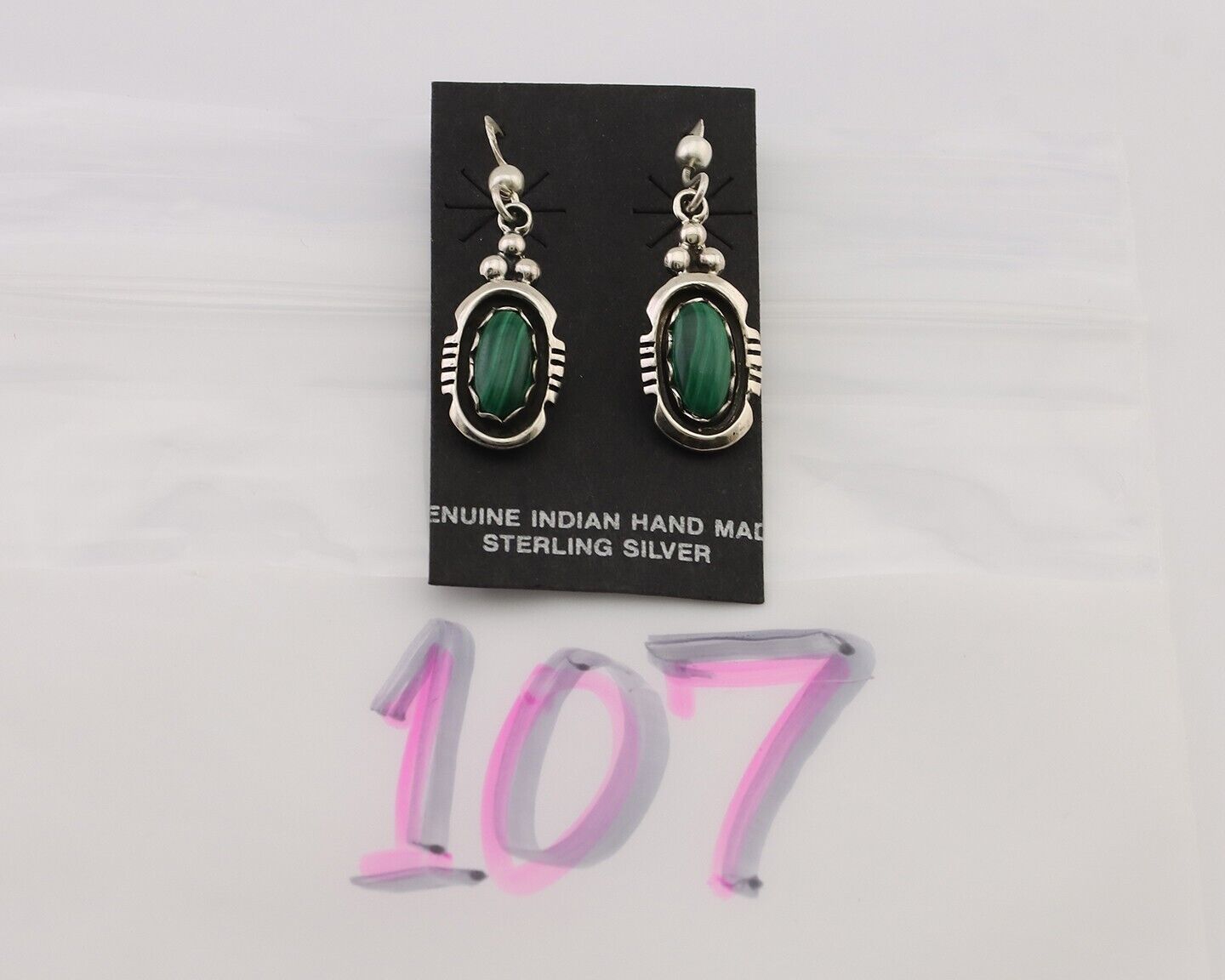 Navajo Dangle Earrings 925 Silver Natural Malachite Native American Artist C.80s