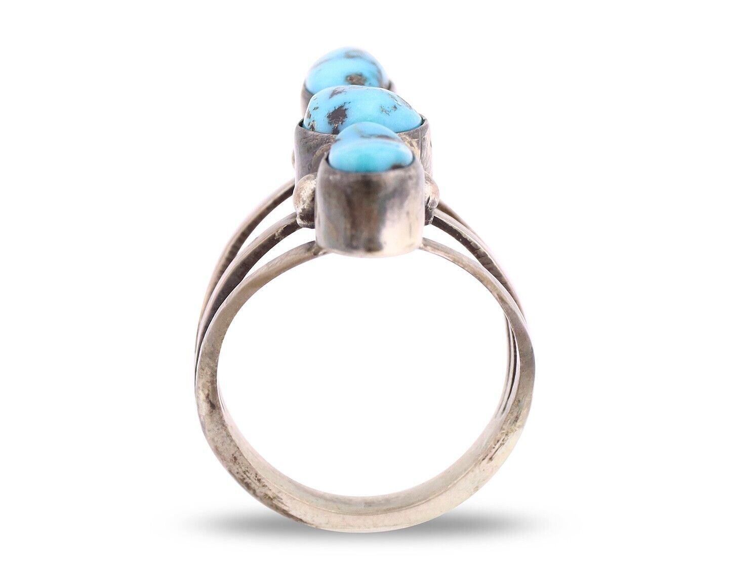 Navajo 3 Stone Ring 925 Silver Blue Turquoise Native American Artist C.80's