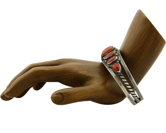 Navajo Bracelet .925 Silver Natural Red Mediterranean Coral Signed S