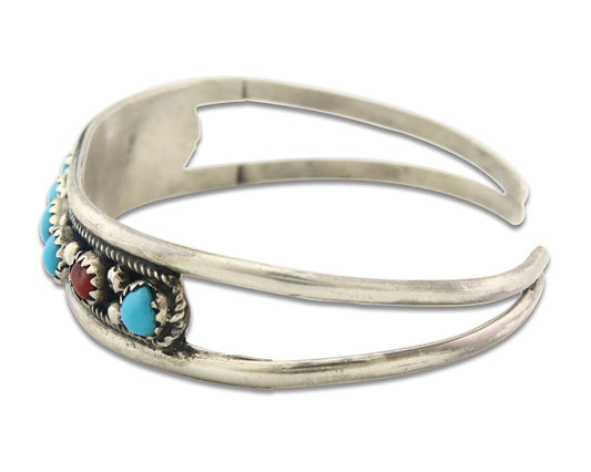 Vintage Hopi Bracelet 925 Silver Red Coral Turquoise Signed EK