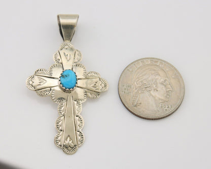 Navajo Cross Hand Stamped Pendant 925 Silver Turquoise Artist Gilbert Lee C.80s