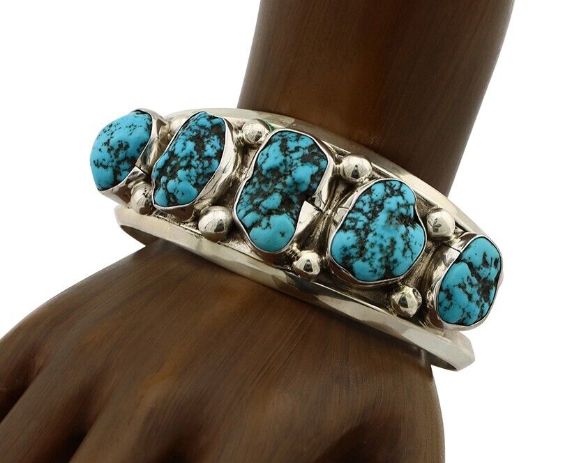 Navajo Bracelet 925 Silver Nugget Sleeping Beauty Turquoise Artist Signed JR C80