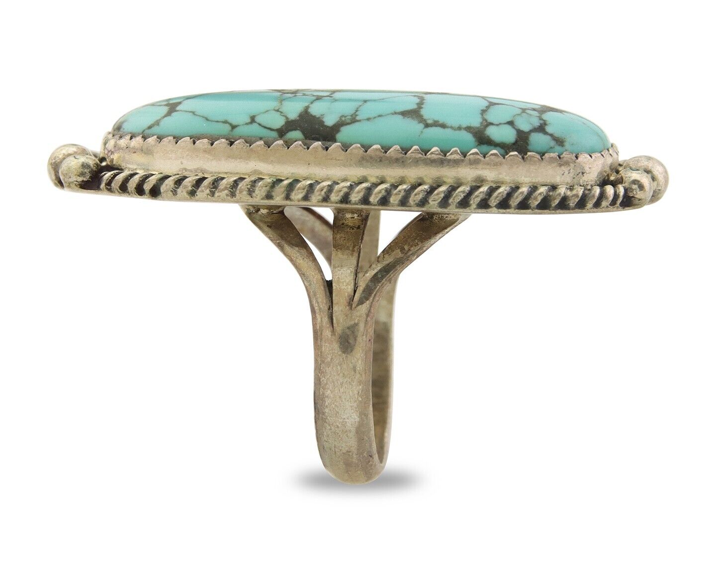 Navajo Ring 925 Sterling Spiderweb Blue Turquoise Native Artist C.80's Size 7.0