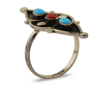 Navajo Handmade Ring 925 Silver Turquoise & Coral Native Artist C.80's