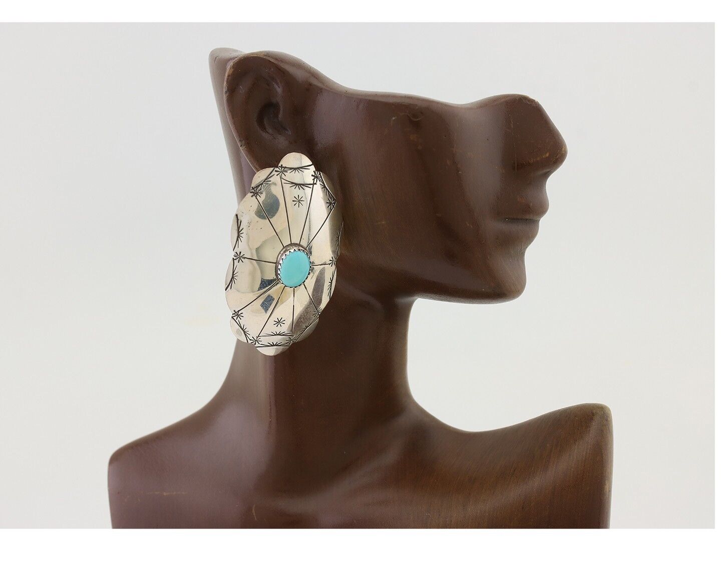 Navajo Hand Stamped Shield Earrings 925 Silver Turquoise Native Artist C.80's
