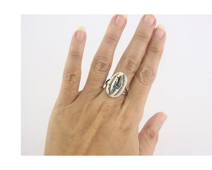 Navajo Ring 925 Sterling Natural Chip Inlay Coral & Turquoise C.80's Size 8.0