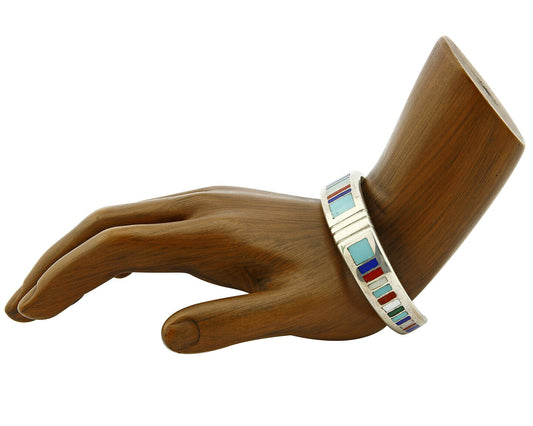 Navajo Artist Signed EDD.B. Gemstone Inlaid .925 Silver Cuff