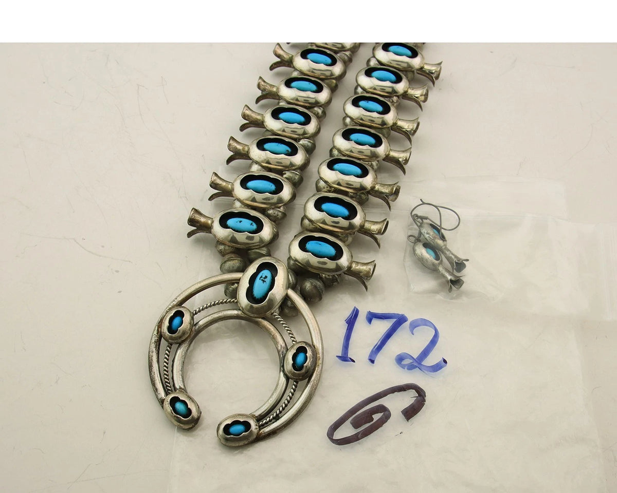 Navajo Squash Necklace Set Sterling Silver Turquoise Vintage Signed PG