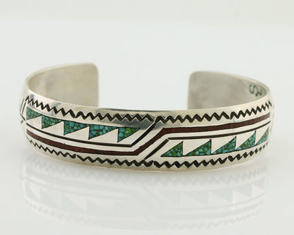 Navajo Inlay Bracelet 925 Silver Turquoise & Coral Signed Stanely Bain C.80's