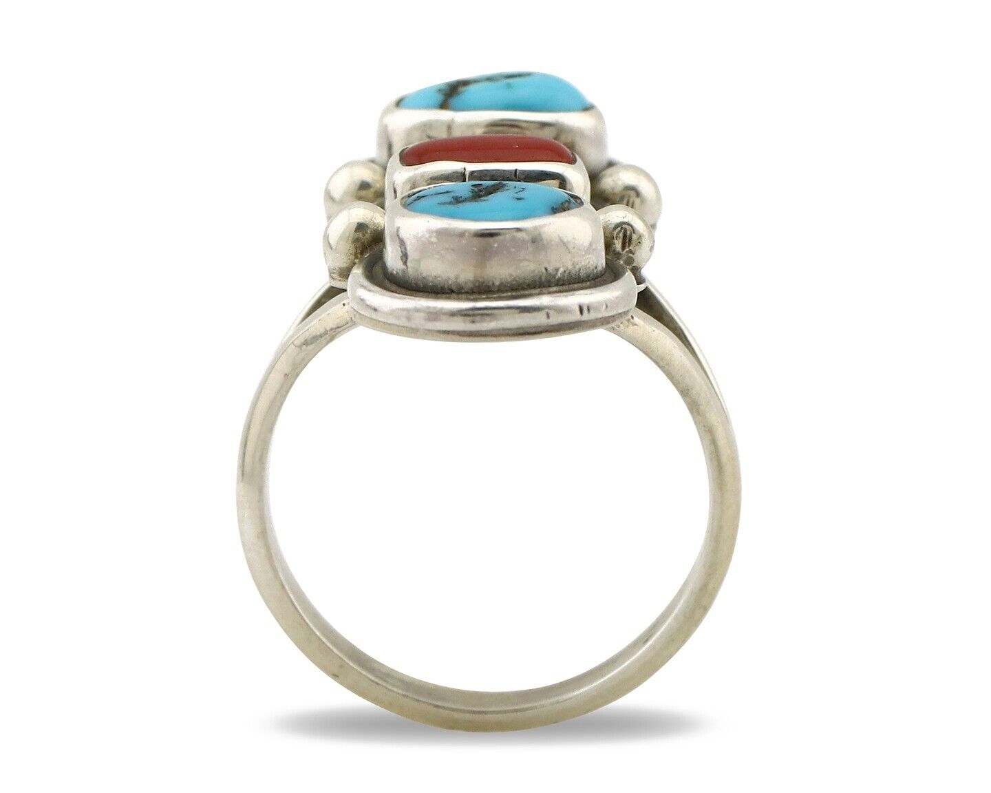 Navajo Ring 925 Silver Sleeping B Turquoise & Coral Native American Artist C.80s