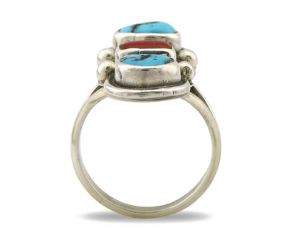 Navajo Ring 925 Silver Sleeping B Turquoise & Coral Native American Artist C.80s
