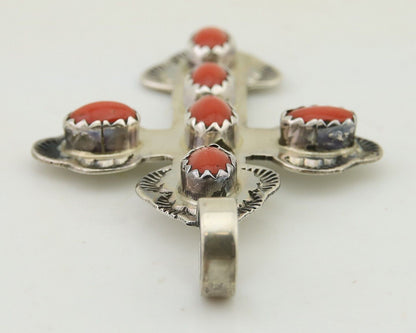 Navajo Cross Pendant 925 Silver Mediterranean Coral Artist Signed CB C.80's