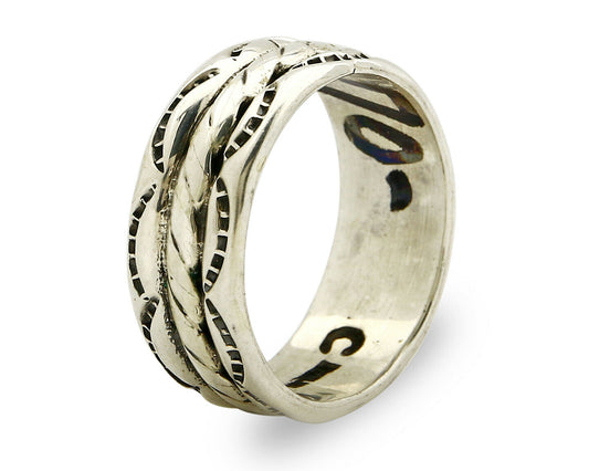 Navajo Ring .925 Silver Handmade Hand Stamped 3 Row Rope Band C.1980s Size 10.75