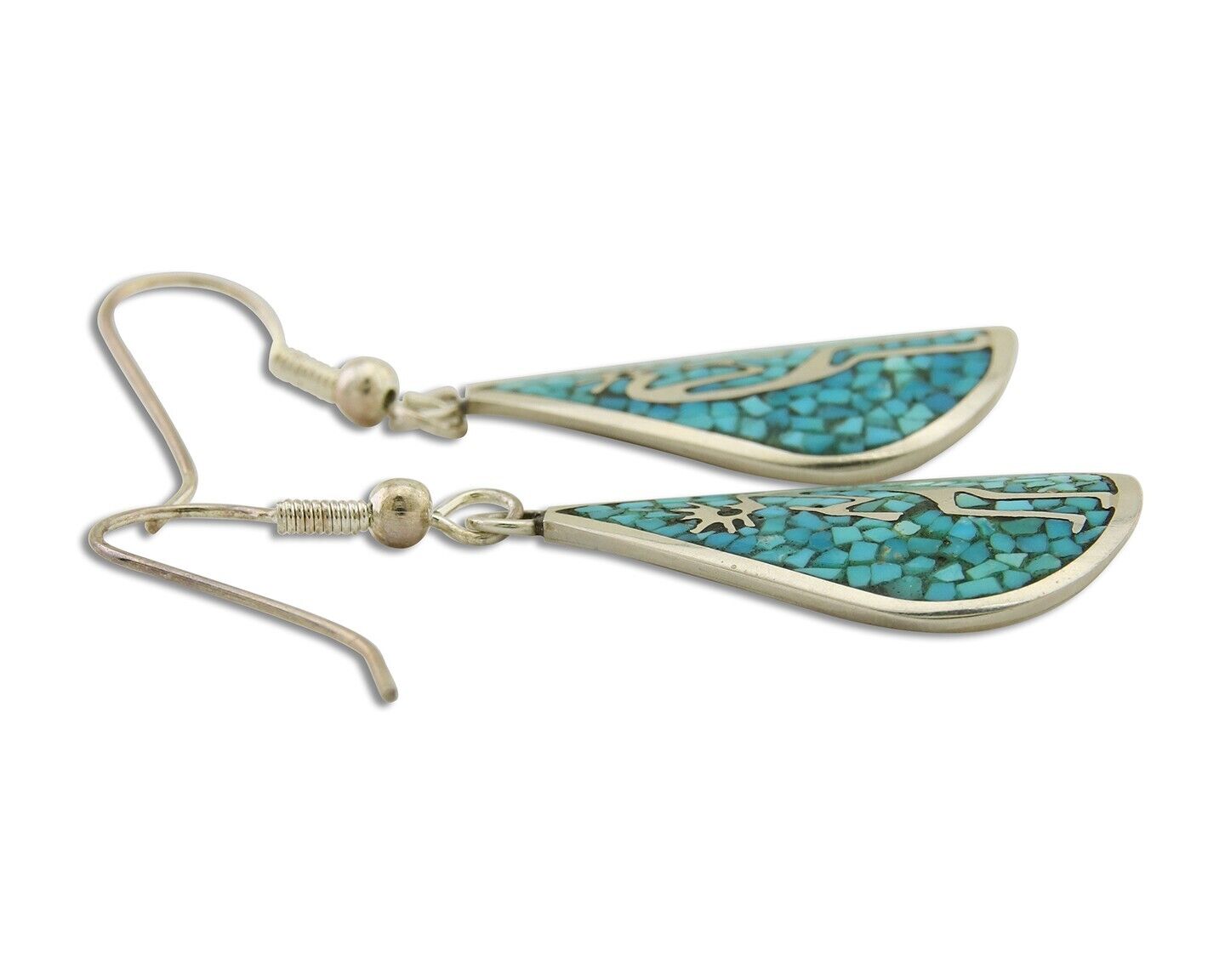 Navajo Kokopelli Earrings 999 Nickel Chip Inlay Turquoise Coral Native American