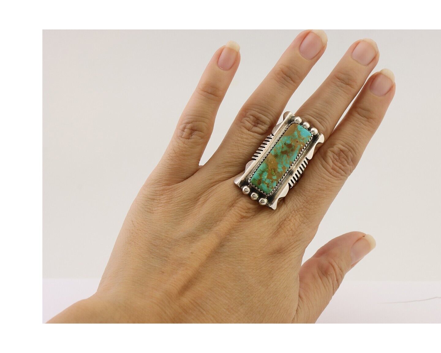 Navajo Hamdmade Ring 925 Silver Kingman Turquoise Artist Signed B C.80's