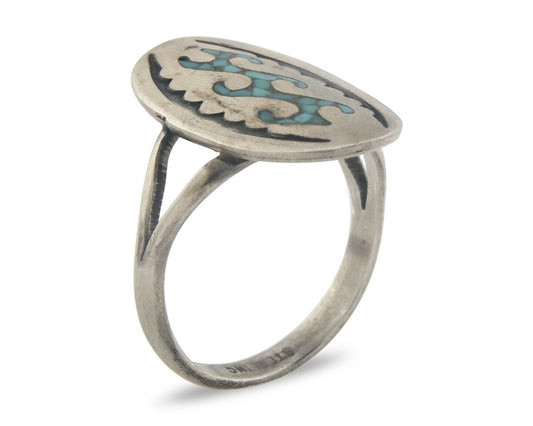 Navajo Ring 925 Sterling Natural Chip Inlay Turquoise C.80's Size 7.0