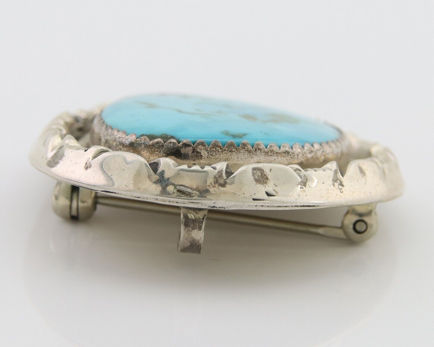 Navajo Pin 925 Silver Natural Blue Turquoise Artist Signed Hyson Craig C.80's