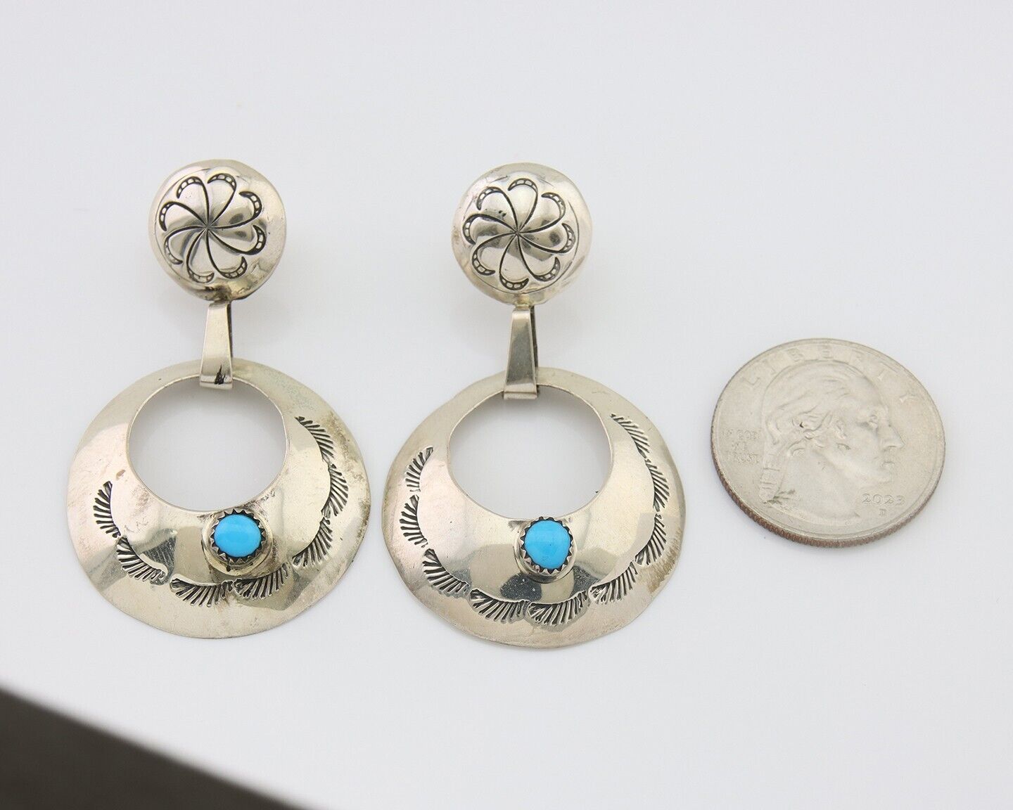 Navajo Dangle Earrings 925 Silver Natural Turquoise Native American Artist C80s