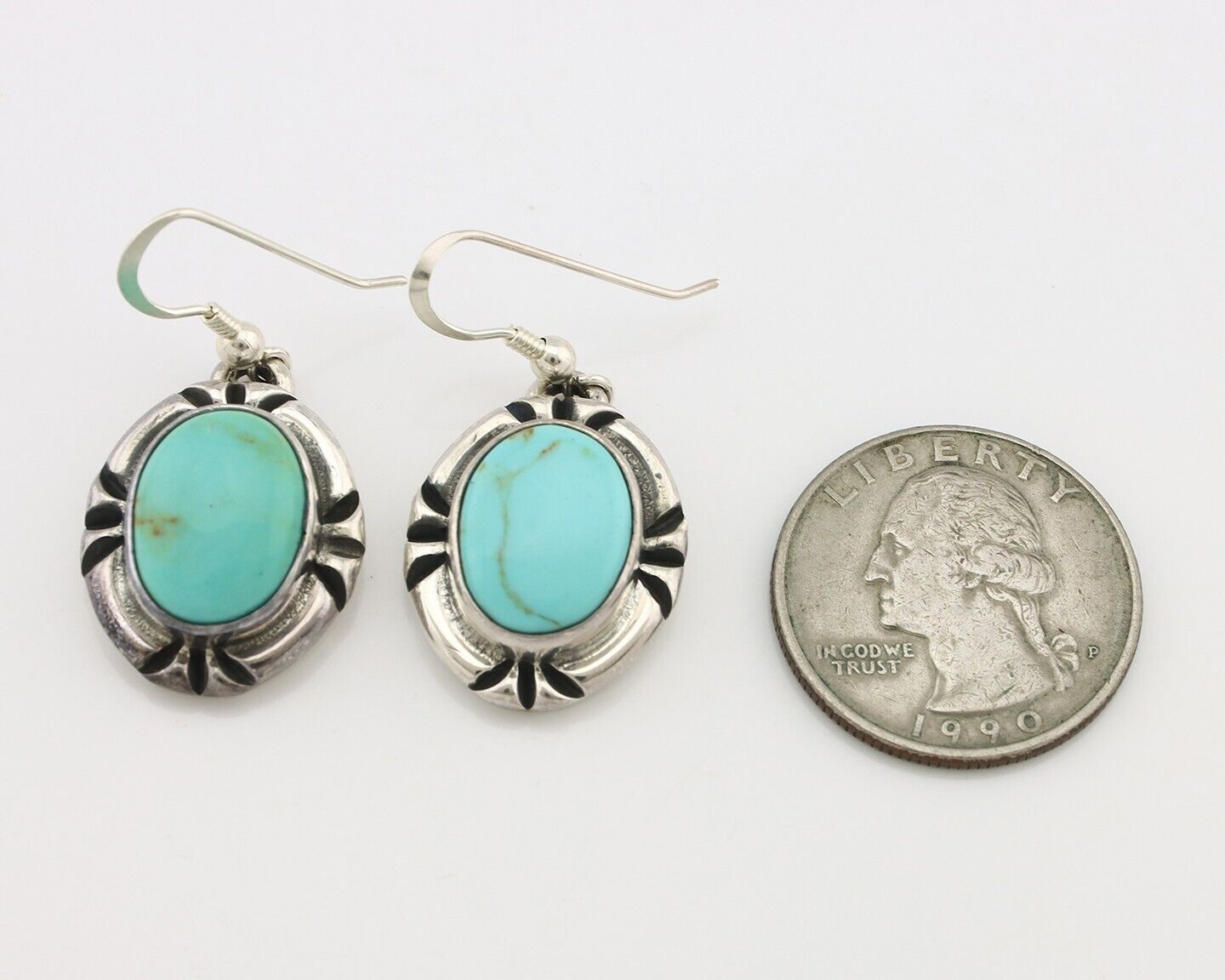 Navajo Handmade Earrings 925 Silver Natural Arizona Turquoise Signed Gecko C.80s
