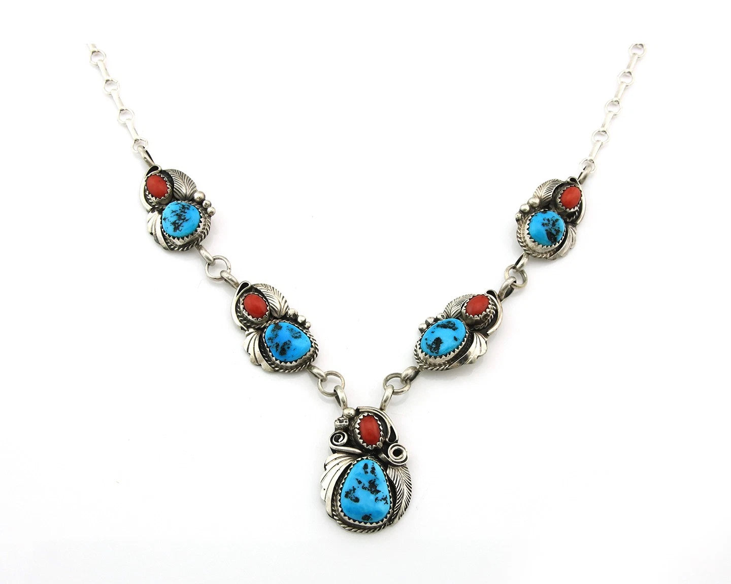 Navajo Necklace Sterling Authentic Turquoise & Coral Signed Justin Morris