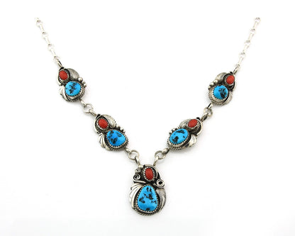 Navajo Necklace Sterling Authentic Turquoise & Coral Signed Justin Morris