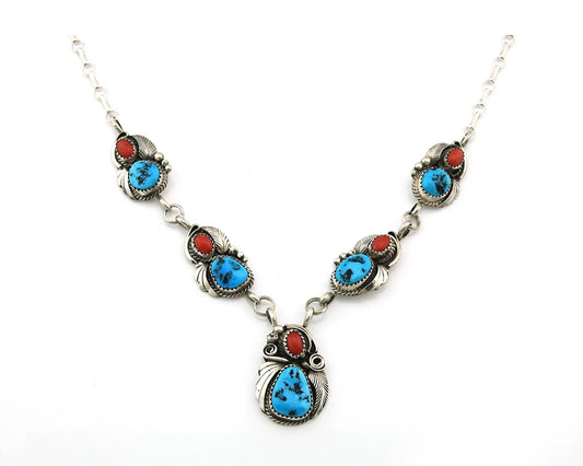 Navajo Necklace Sterling Authentic Turquoise & Coral Signed Justin Morris