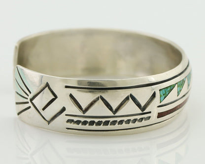 Navajo Inlay Bracelet 925 Silver Turquoise & Coral Signed Stanely Bain C.80's