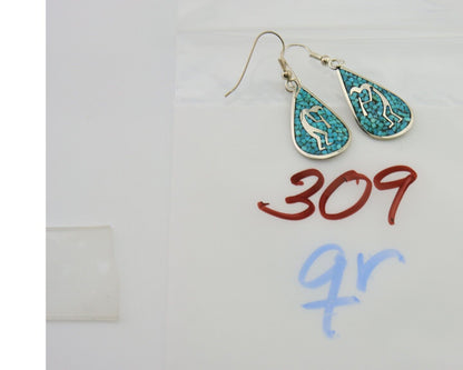 Navajo Kokopelli Earrings 999 Nickel Chip Inlay Turquoise Coral Native American