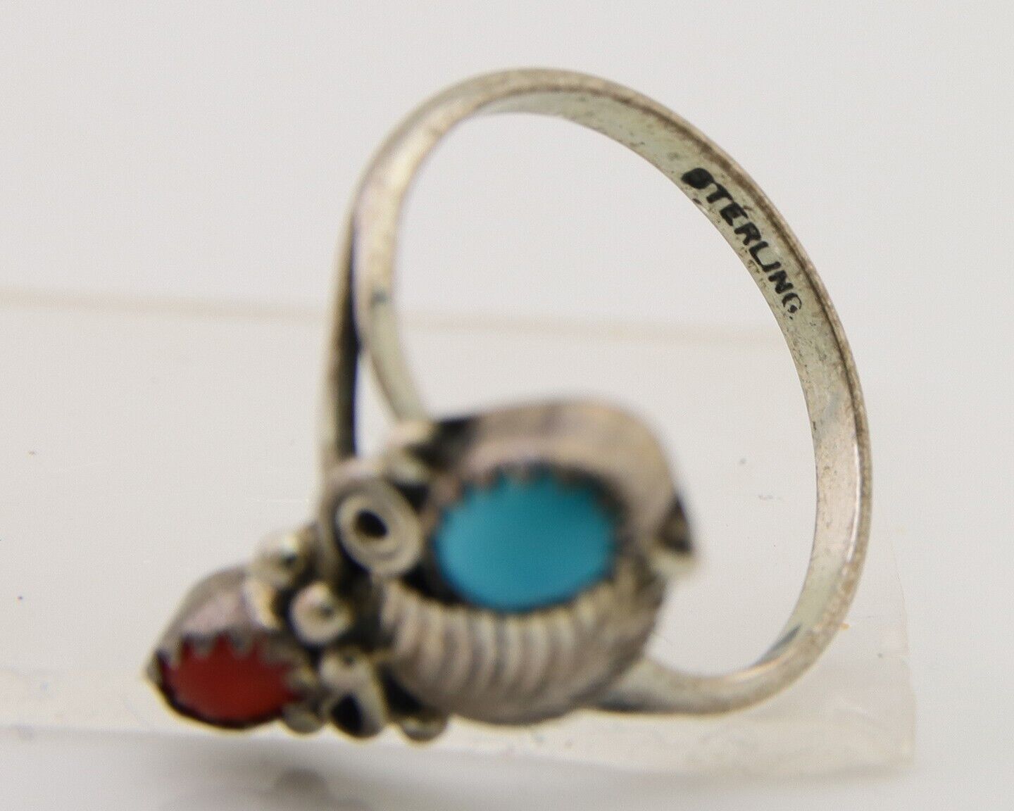 Navajo Handmade Ring 925 Silver Turquoise & Coral Native Artist C.80's