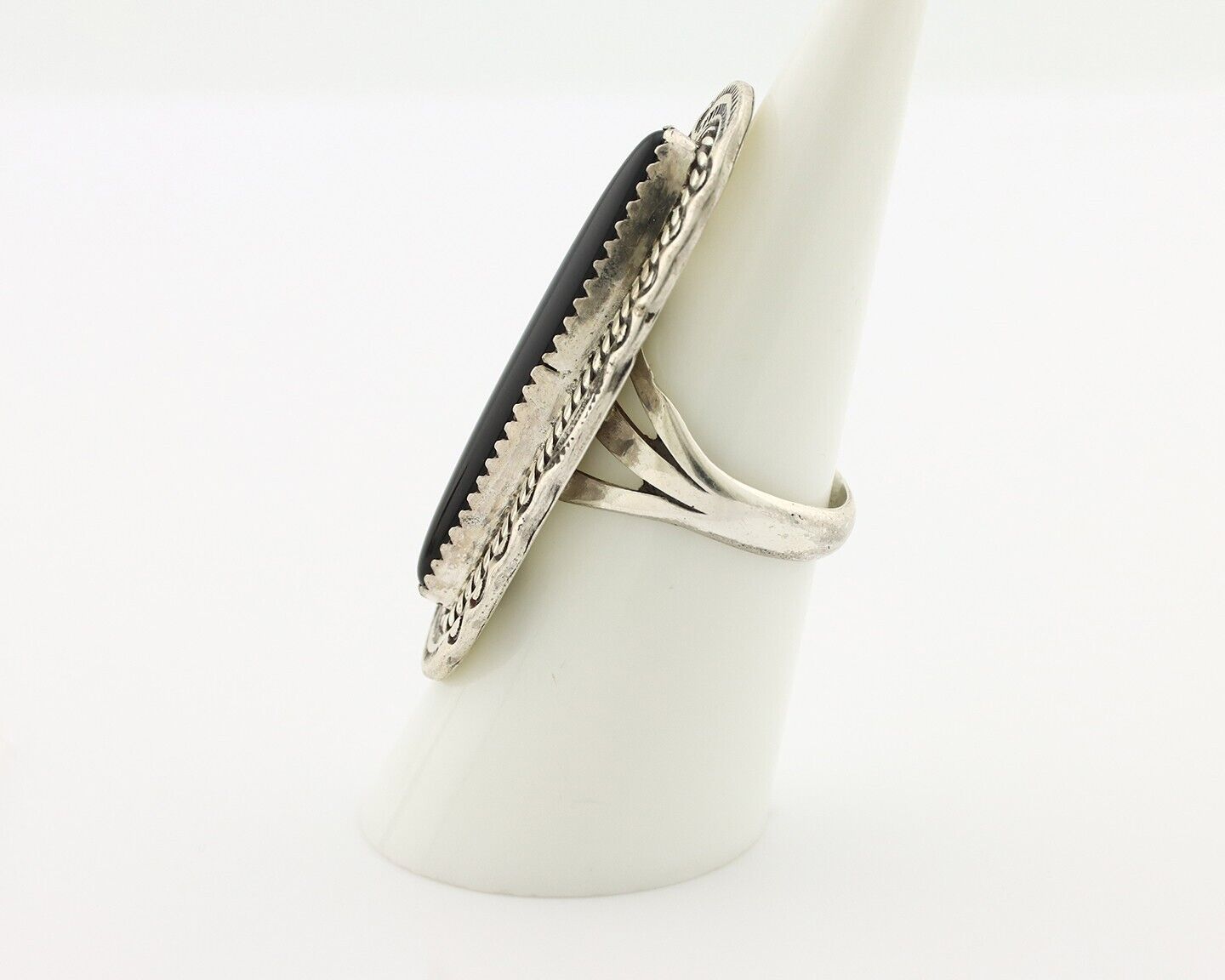 Navajo Ring 925 Silver Onyx Hand Stamped Native American Artist C.80's