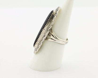 Navajo Ring 925 Silver Onyx Hand Stamped Native American Artist C.80's
