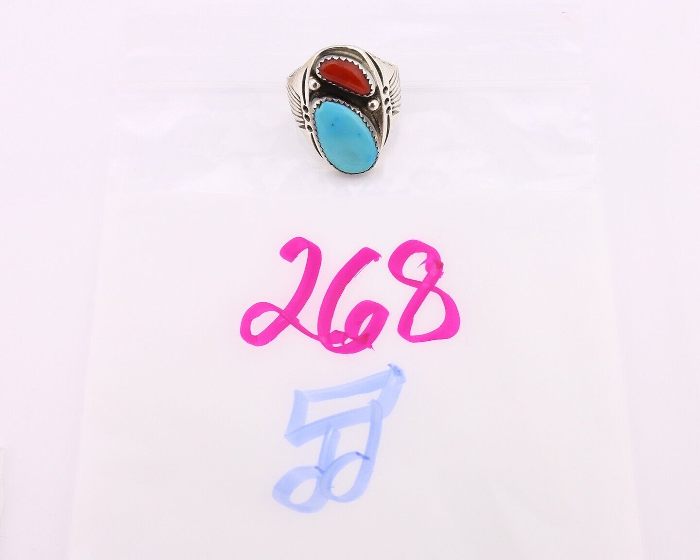 Navajo Ring 925 Silver Sleeping Beauty Turquoise & Coral Native Artist C.80s