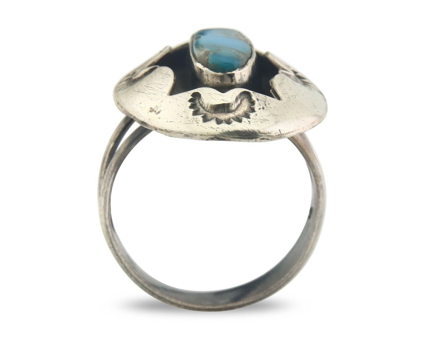 Navajo Ring 925 Sterling Turquoise Handmade Native Artist C.80's Size 8.5