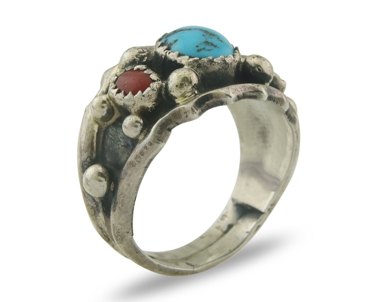 Men Navajo Ring 925 Sterling Natural Coral & Turquoise Signed C C.80's Size 8.0