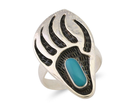 Navajo Badger Paw Ring 925 Silver Turquoise Native American Artist C.80's