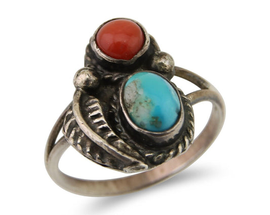 Navajo Handmade Ring 925 Silver Coral & Turquoise Native Artist C.80's