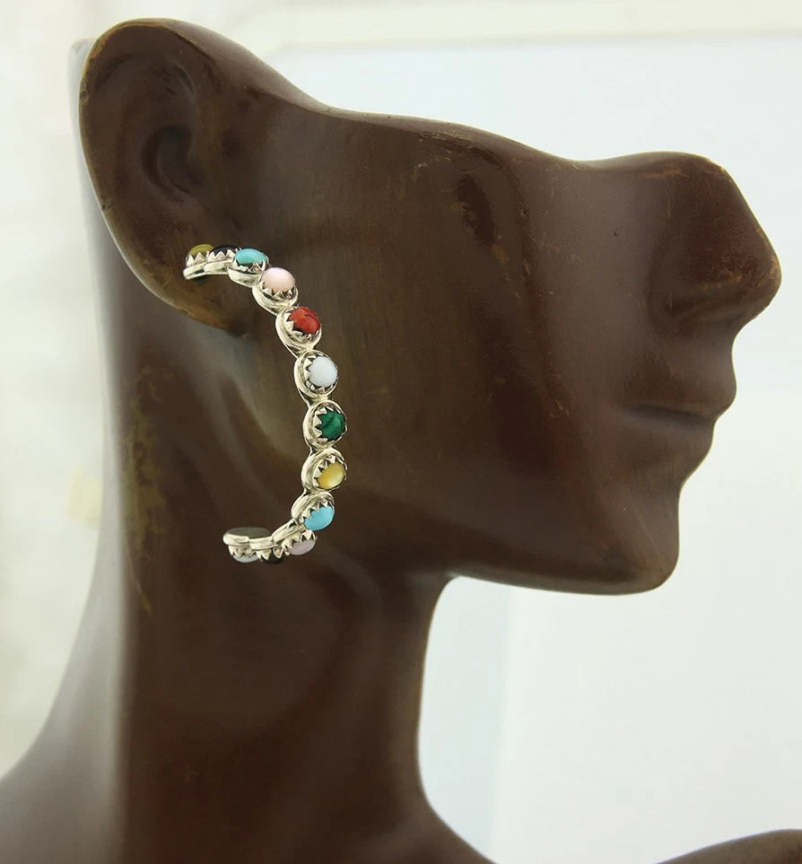 Navajo Hoop Earrings Sterling Silver Natural Gemstones Vintage Signed MCA