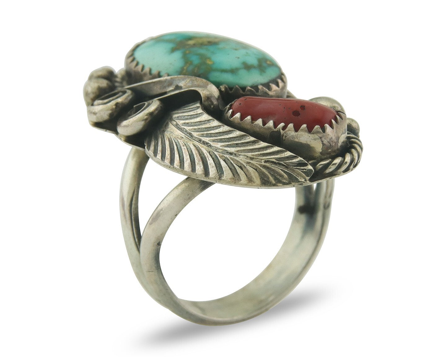 Navajo Ring 925 Sterling Natural Coral & Turquoise Signed JM C.80's Size 8.5
